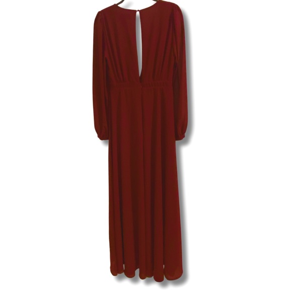 LULUS All My Life Maxi Dress Burgundy Long Sleeve Deep V Plunge Front High Slit - Picture 14 of 16